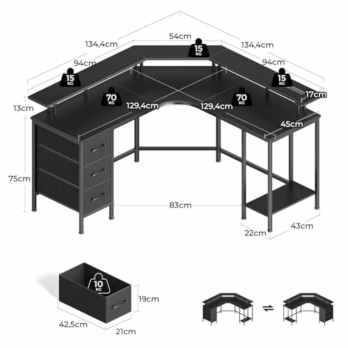 Black corner desk with dimensions and storage details.