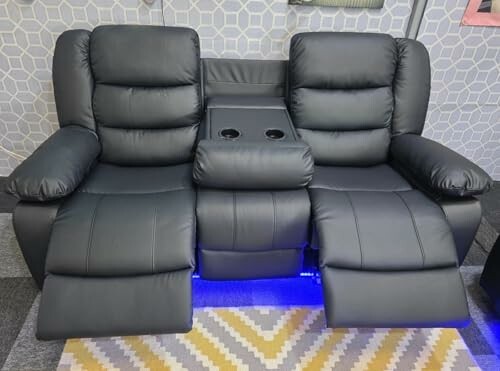 Black recliner sofa with cup holders and blue LED lighting