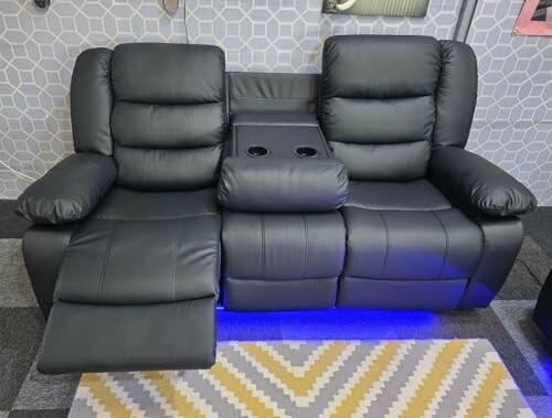 Black leather recliner sofa with cup holders and blue LED lighting