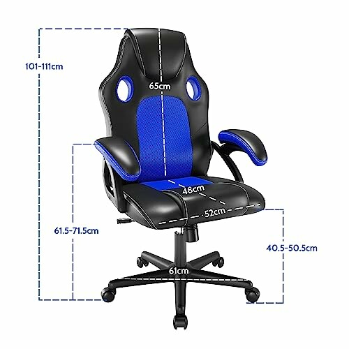 Gaming chair with blue and black design, showing dimensions