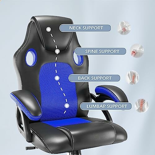 Ergonomic gaming chair with labeled neck, spine, back, and lumbar support features.