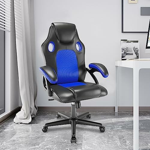 Black and blue gaming chair in a modern office setting