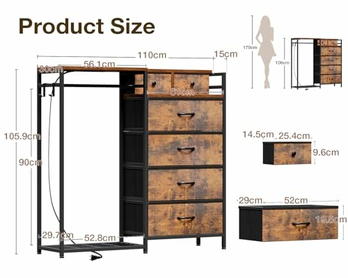 Industrial-style dresser with detailed dimensions and size comparison.