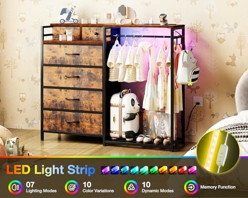 Kids room with dresser and LED light strip.