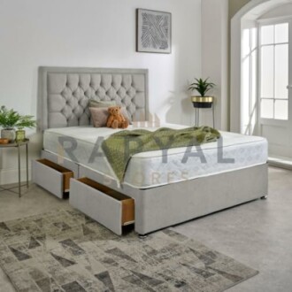 Luxury Divan Bed Set in Plush with Chesterfield Bumper Headboard and Memory Sprung Mattress