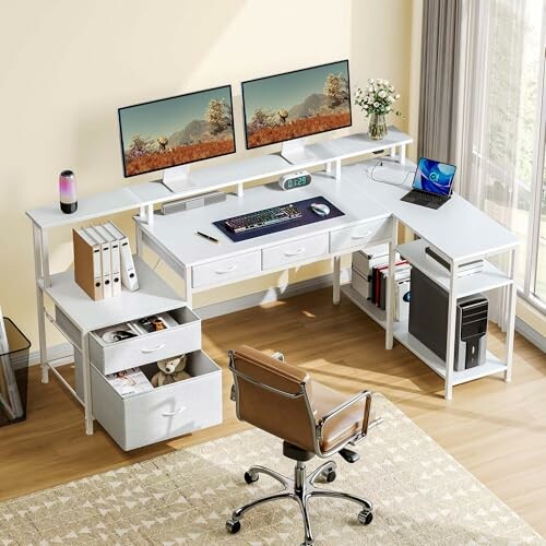 Modern L-shaped desk with dual monitors, office chair, and storage.