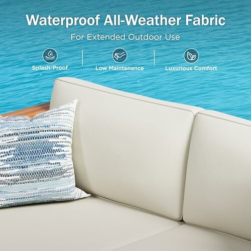 Outdoor sofa with waterproof all-weather fabric, highlighting features like splash-proof, low maintenance, and luxurious comfort.