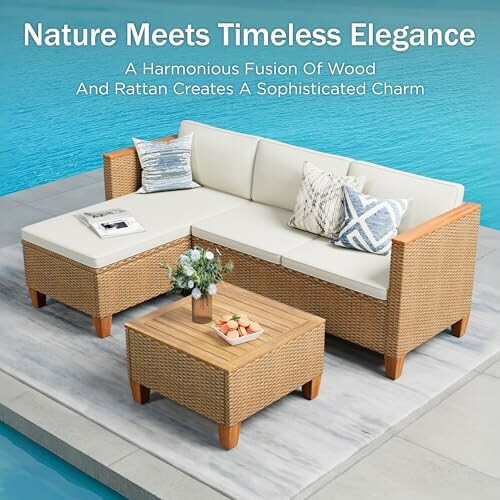 Outdoor rattan and wood furniture set by a pool.