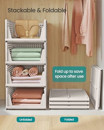 Stackable and foldable storage bins with folded and unfolded options, holding clothes and accessories.