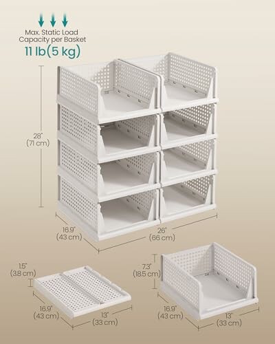 Stackable white storage baskets with dimensions and load capacity.